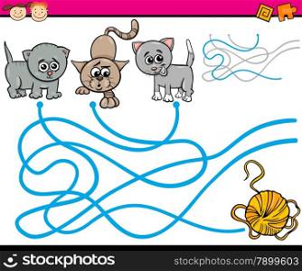 Cartoon Illustration of Education Path or Maze Game for Preschool Children with Cats and Yarn