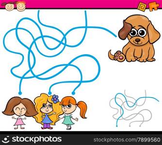 Cartoon Illustration of Education Path or Maze Game for Preschool Children with Girls and Puppy
