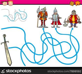 Cartoon Illustration of Education Path or Maze Game for Preschool Children with Knights and Sword
