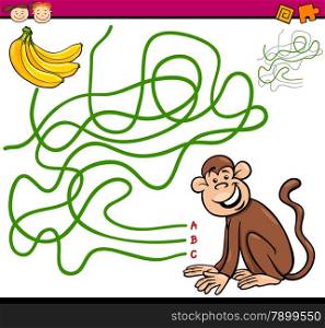Cartoon Illustration of Education Path or Maze Game for Preschool Children with Monkey and Banana