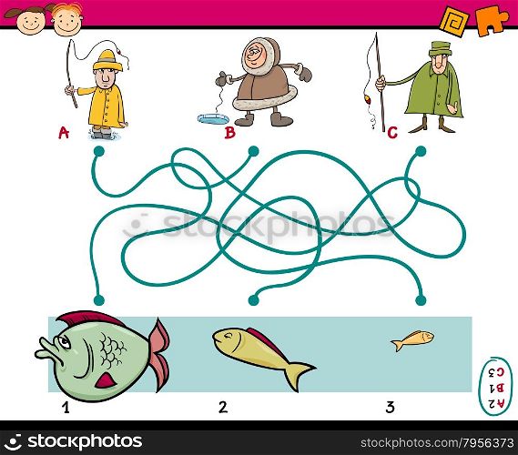 Cartoon Illustration of Education Paths or Maze Game for Preschool Children with Anglers and Fish