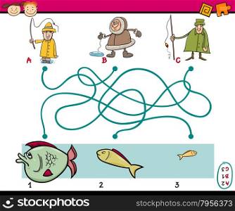 Cartoon Illustration of Education Paths or Maze Game for Preschool Children with Anglers and Fish