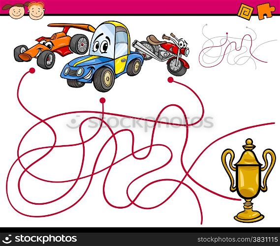 Cartoon Illustration of Education Paths or Maze Game for Preschool Children with Cars