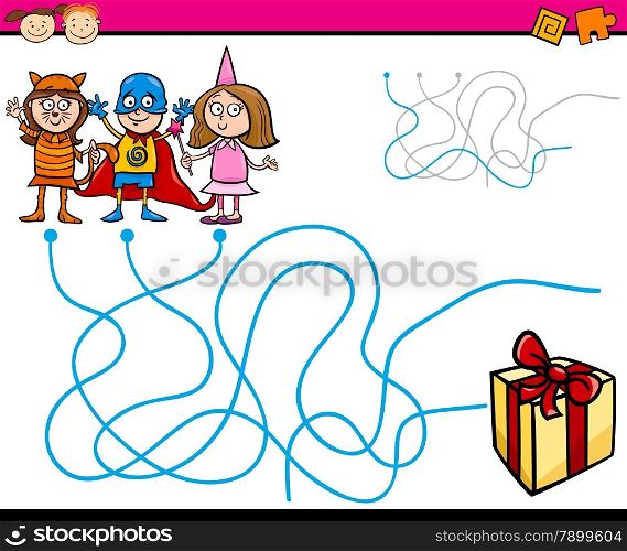 Cartoon Illustration of Education Paths or Maze Game for Preschool Children with Children and Present