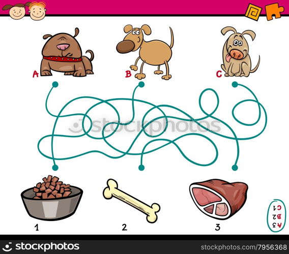 Cartoon Illustration of Education Paths or Maze Game for Preschool Children with Dogs and Food