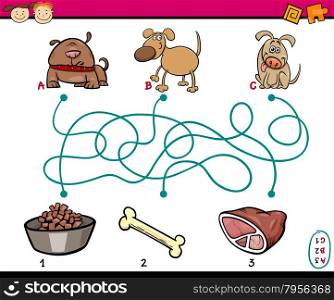 Cartoon Illustration of Education Paths or Maze Game for Preschool Children with Dogs and Food