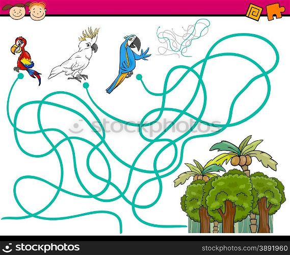 Cartoon Illustration of Education Paths or Maze Game for Preschool Children with Parrots Birds
