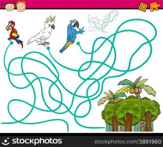 Cartoon Illustration of Education Paths or Maze Game for Preschool Children with Parrots Birds