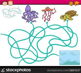 Cartoon Illustration of Education Paths or Maze Game for Preschool Children with Sea Life Animals