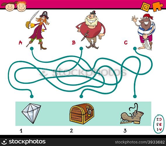 Cartoon Illustration of Education Paths or Maze Puzzle Game for Preschool Children with Pirates