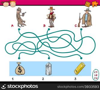 Cartoon Illustration of Education Paths or Maze Puzzle Task for Preschool Children with Cowboys