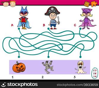 Cartoon Illustration of Education Paths or Maze Puzzle Task for Preschoolers with Children and Halloween Themes