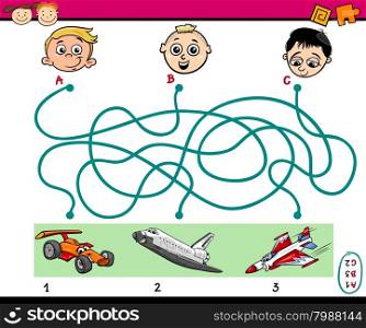 Cartoon Illustration of Education Paths or Maze Puzzle Task for Preschoolers with Boys and Vehicles