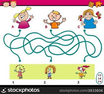 Cartoon Illustration of Education Paths or Maze Puzzle Task for Preschoolers with Children and Clowns