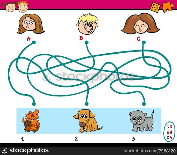Cartoon Illustration of Education Paths or Maze Puzzle Task for Preschoolers with Children and Pets
