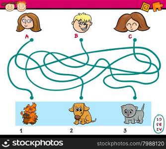 Cartoon Illustration of Education Paths or Maze Puzzle Task for Preschoolers with Children and Pets