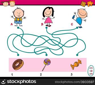 Cartoon Illustration of Education Paths or Maze Puzzle Task for Preschoolers with Children and Sweets