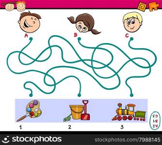 Cartoon Illustration of Education Paths or Maze Puzzle Task for Preschoolers with Children and Toys