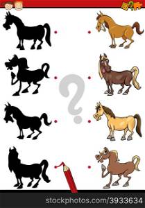 Cartoon Illustration of Education Shadow Task for Preschool Children with Horses Farm Animal Characters