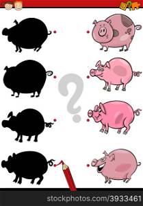 Cartoon Illustration of Education Shadow Task for Preschool Children with Pigs Farm Animal Characters