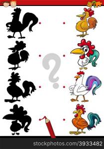 Cartoon Illustration of Education Shadow Task for Preschool Children with Roosters Farm Animal Characters