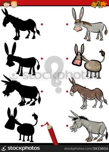 Cartoon Illustration of Education Shadow Test for Preschool Children with Donkeys Farm Animal Characters