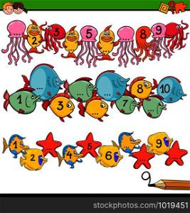 Cartoon Illustration of Educational Activity for Preschool Children with Count to Ten Worksheet