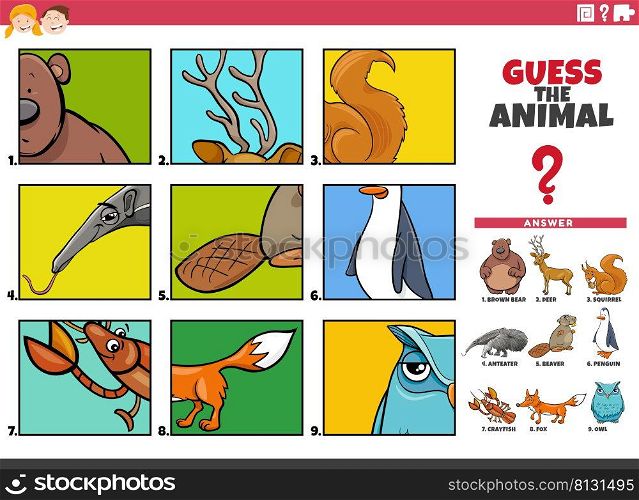 Cartoon illustration of educational activity of guessing animal species for children
