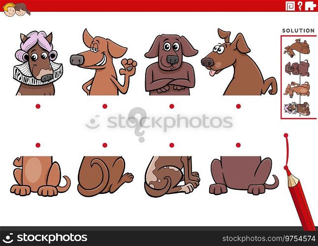 Cartoon illustration of educational activity of matching halves of pictures with funny dogs animal characters