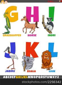 Cartoon illustration of educational colorful alphabet set from letter G to L with funny animal characters