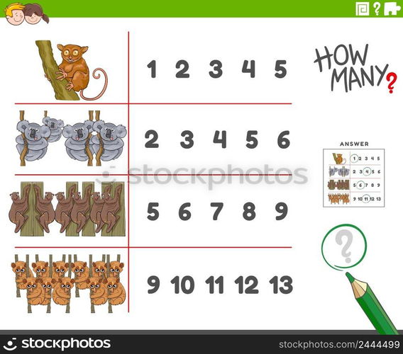 Cartoon illustration of educational counting activity for children with animal characters