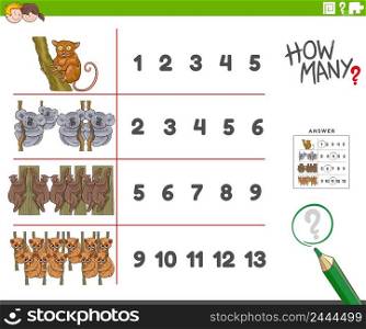 Cartoon illustration of educational counting activity for children with animal characters