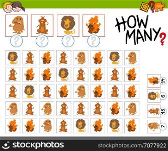 Cartoon Illustration of Educational Counting Activity for Children with Cute Animal Characters