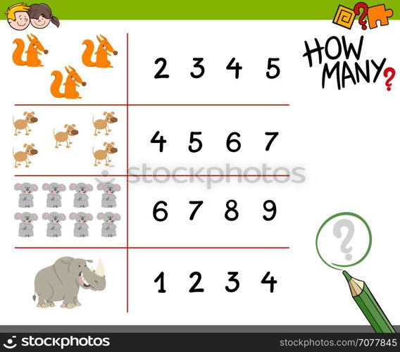 Cartoon Illustration of Educational Counting Activity for Children with Cute Animals