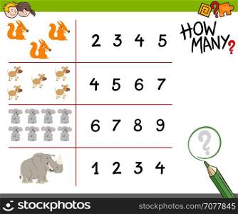 Cartoon Illustration of Educational Counting Activity for Children with Cute Animals
