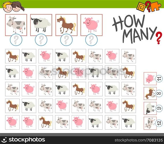 Cartoon Illustration of Educational Counting Activity for Children with Cute Farm Animal Characters