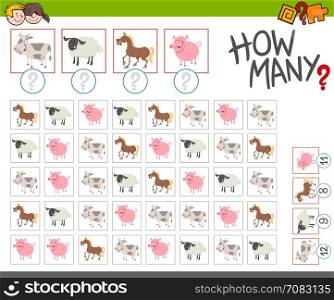 Cartoon Illustration of Educational Counting Activity for Children with Cute Farm Animal Characters