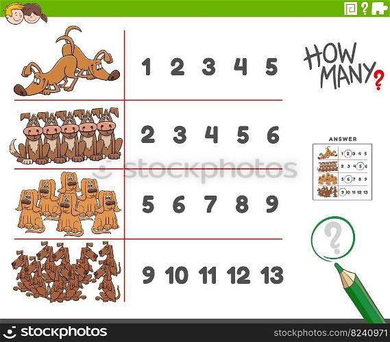 Cartoon illustration of educational counting activity for children with dogs animal characters