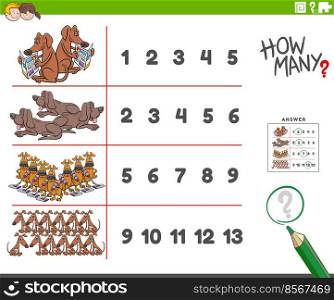 Cartoon illustration of educational counting activity for children with funny dogs animal characters