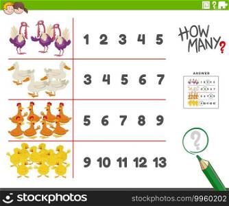 Cartoon illustration of educational counting activity for children with funny farm birds animal characters
