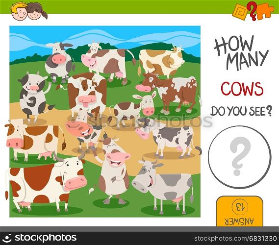 Cartoon Illustration of Educational Counting Activity for Kids with Funny Cows Farm Animal Characters