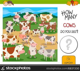 Cartoon Illustration of Educational Counting Activity for Kids with Funny Cows Farm Animal Characters