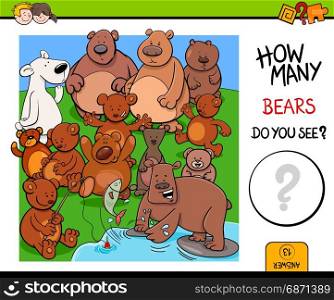 Cartoon Illustration of Educational Counting Activity Game for Children with Bear Animal Characters
