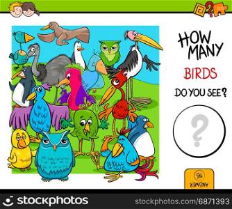 Cartoon Illustration of Educational Counting Activity Game for Children with Birds Animal Characters