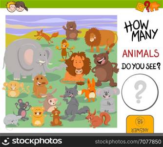 Cartoon Illustration of Educational Counting Activity Game for Children with Cute Animal Characters