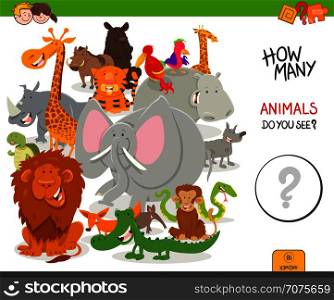 Cartoon Illustration of Educational Counting Activity Game for Children with Cute Wild Animal Characters