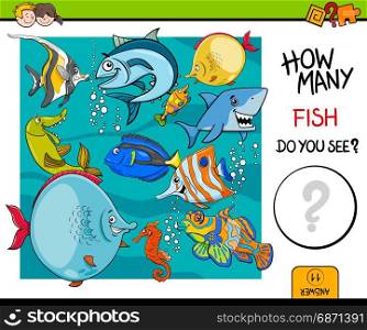 Cartoon Illustration of Educational Counting Activity Game for Children with Fish Sea Life Animal Characters