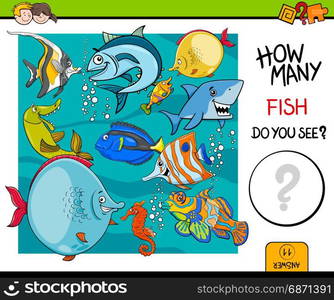 Cartoon Illustration of Educational Counting Activity Game for Children with Fish Sea Life Animal Characters