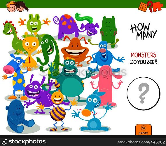 Cartoon Illustration of Educational Counting Activity Game for Children with Funny Monsters Fantasy Characters