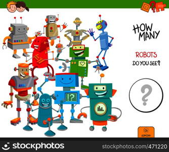 Cartoon Illustration of Educational Counting Activity Game for Children with Many Funny Robots and Droids Characters